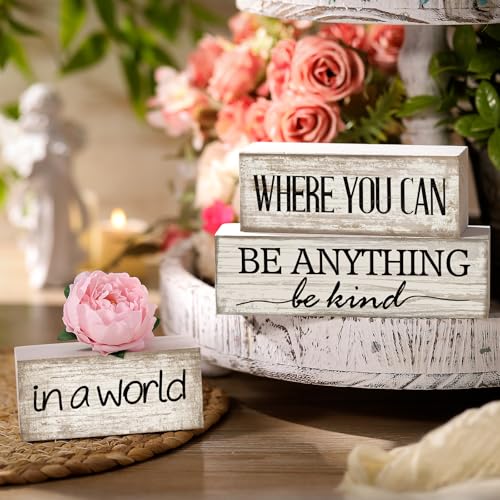 Yuntau 4 Pcs Farmhouse Flower Wooden Table Decor Farmhouse Tiered Tray Decor Rustic Faux Decorative in a World Where You Can Be Anything Be Kind Block Sign Inspired Centerpiece for Home Shelf - style: Flower
