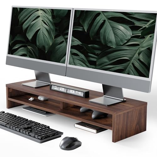 Fenge Monitor Stand, 31.5 Inch Computer Monitor Riser for Desk, 2 Tiers Wood Desk Shelf with Storage, Desktop Organizer for PC, Laptop, Screen, Printer - color: Brown