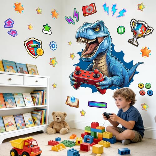 Gaming Dinosaur Wall Stickers Blue Pixel Art Dinosaur Game Console Trophy Decal Cartoon Peel and Stick for Kids Room Playroom (Dinosaur)