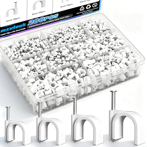 mxuteuk 200PCS Cable Clips with Steel Nails,4/6/8/10mm Round White Cable Wire Clips,Wall Clips for Cords,Cable Cord Clips for RG6 RG59 CAT6 RJ45 - color: White-200PCS 4/6/8/10mm