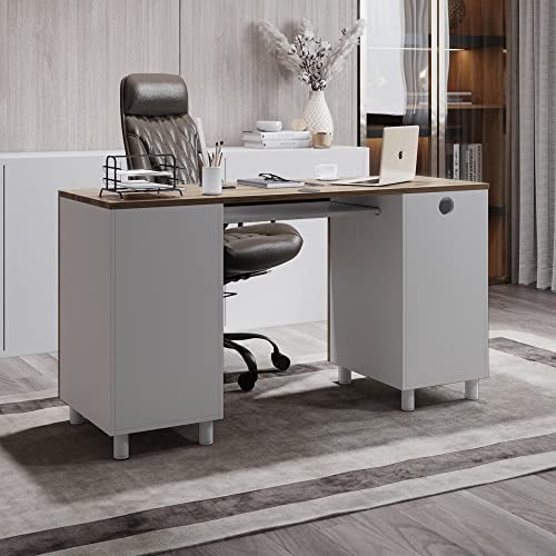 Modern Design Venice Computer Desk with Lockable Drawers, 53 Inch Home Office Desk with Storage Cabinet, Keyboard Tray & Cable Management, Modern Study Writing Desk for Small Spaces, Walnut and White - color: Walnut White