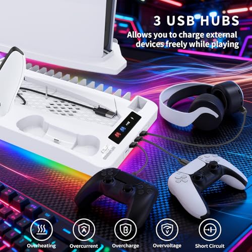 Cooling Station for Ps5/Slim/Pro Disc & Digital Playstation 5 Vertical Stand Organizer with Dual Controller Charger,16 Game Slots,7 Rgb,,3 Usb Ports,Headset & Remote Holder (White) - color: White