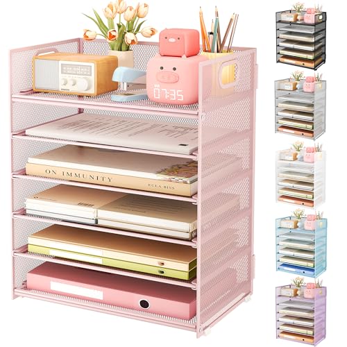 Subekyu 6 Tier Office File Paper Desk Tray Organizer with Handle, Stackable Slide Mesh Letter Tray Folder Pink Desk Organizer, Desktop Document Sorter for Classroom, Office, Home Supplies Storage - color: Pink