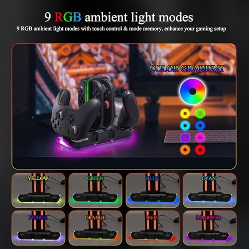 Switch 2 Charging Station for 4 Joy-Con & 2 Pro Controllers, 6-in-1 Fast Charging Dock with RGB LED Indicator, Compatible with Nintendo Switch 2/1/OLED