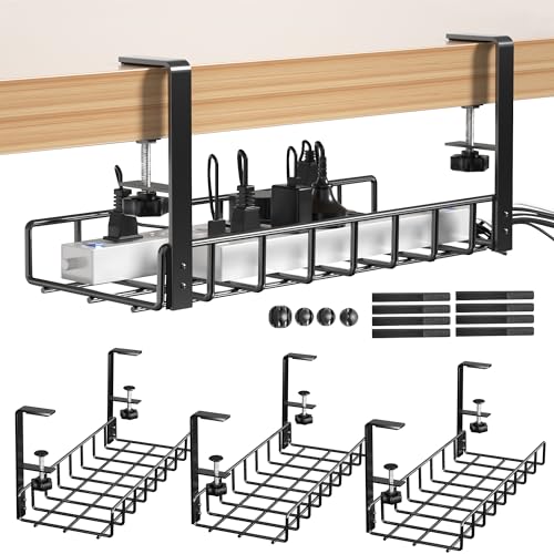 3 Pack Cable Management Under Desk Tray, 47.1" No Drill Under Desk Wire Management with Upgraded Clamp, Metal Cord Organizers with Cable Organizers, PC Cord Organization Rack, Black - color: Black, size: 3 Pack (Standard)