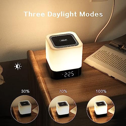 Night Light-5 in 1 Bedside Lamp with Bluetooth Speaker, 12/24H Digital Calendar Alarm Clock, Touch Control, Support TF and SD Card, Music Player, Gift for Girls Boys Teens,Warm White