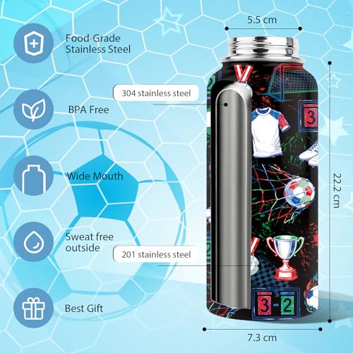 Soccer Water Bottle with Lid - Gift for Soccer Coach Player Fan - 32oz Insulated Stainless Steel Sport Bottles for Women Men Teens - color: Soccer
