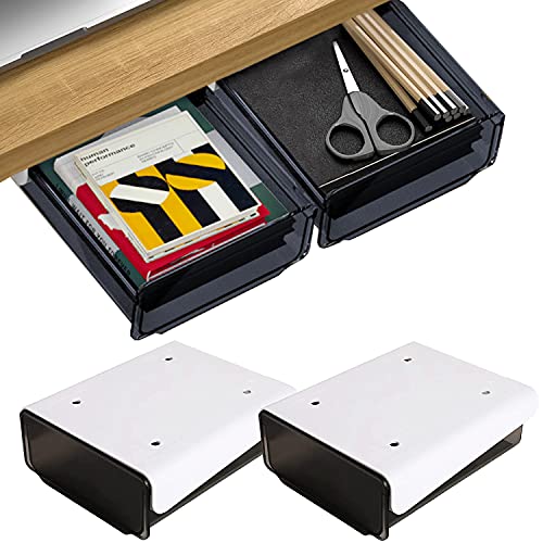 OSPNIEEK Self-adhesive Under Desk Drawer Organizer, 2 Pack Table Hidden Slide Out Large Storage Mounted Desktop Pencil Holder Tray Drawers for Office Home School Stationery Kitchen (Black) - color: Matte Black, size: Standard