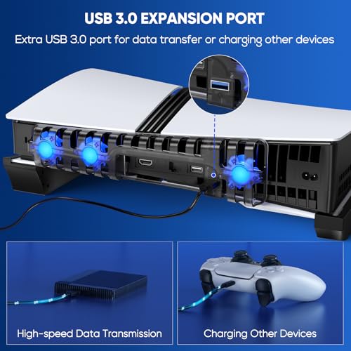 FASTSNAIL Horizontal Stand & Cooling Fan for PS5 Pro/Slim Console, Auto Fan Speed by Temperature and Controller Charger Station, Efficient Cooling System with 3 Fans & 2 USB 3.0 and 3 USB 2.0 Hub - color: Black