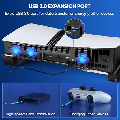 FASTSNAIL Horizontal Stand & Cooling Fan for PS5 Pro/Slim Console, Auto Fan Speed by Temperature and Controller Charger Station, Efficient Cooling System with 3 Fans & 2 USB 3.0 and 3 USB 2.0 Hub - color: Black