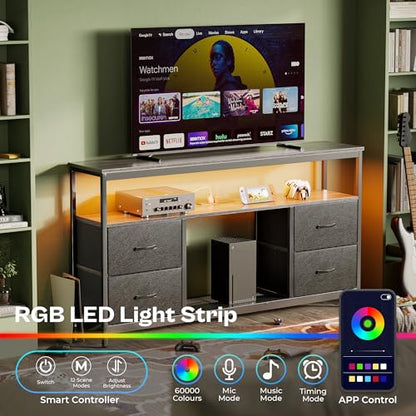 Huuger TV Stand Dresser with Power Outlets and LED Lights, 4 Drawers Entertainment Center with Shelves, 54in Media Console for 55 60 Inch TV, Dresser with PU Finish, Grey and Black - color: Grey and Black, size: 54 Inches