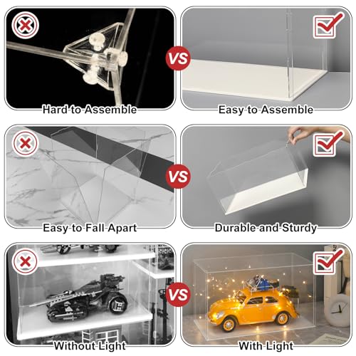 LANSCOERY Acrylic Display Case, 8x8x10 in, Upgraded Thickened UV-Resistant Showcase, 98% Clarity Dustproof Box with Glossy White Base for Action Figures, LEGO & Models, Includes Scraper & LED Light - color: White, size: 8x8x10inch; 20x20x25cm