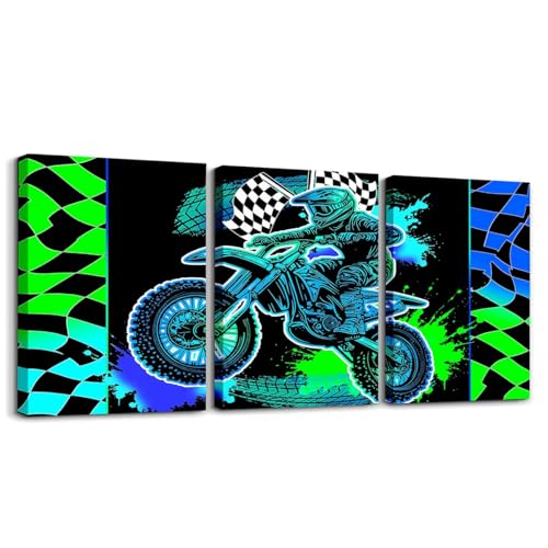 Feelyou Kids Dirt Bike Canvas Wall Art for Living Room Motorcycle Wall Decor for Bedroom Bathroom Wall Decor Racing Motocross Rider Paintings Sports Pictures Artwork Office Ready to Hang Pictures - color: Blue Green