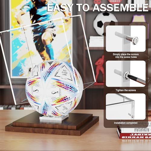VGMiu Soccer Ball Display Case with Wood Base, Clear Acrylic Display Case Soccer Box with Removable Built-in Ball Holder for Autographed Balls, Sports Collectibles, Memorabilia Displays - size: Soccer Case