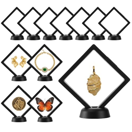 12Pcs 3D Floating Display Case Jewelry Storage Box, 3.5in Black | Clear Film, Plastic Frame, Challenge Coin Holder, For Shark Tooth Fossil Rock Gem Shell Butterfly Specimen - size: 3.5×3.5×0.8 inches