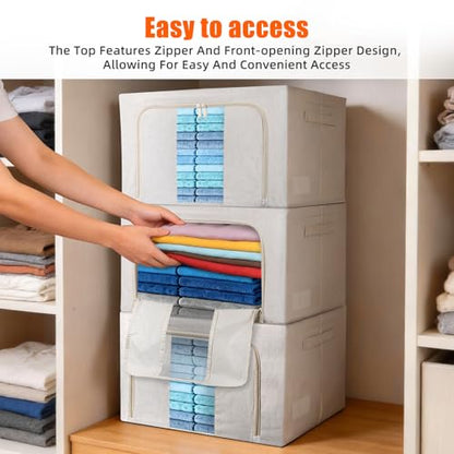 Foldable Clothes Storage Bins with Solid core powder-coated steel fram, 24/ 66L Storage Bags Fabric Box Organizer with Clear Window Zippers Sturdy Handles 2 Pack (Beige, 66L 1Pack) - size: 66L 1Pack