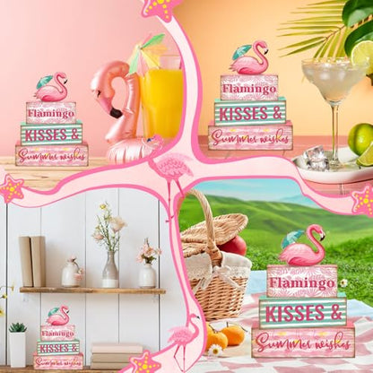 Britimes 4 Pcs Summer Wooden Tiered Tray Decorations Set, Pink Flamingo Stack Block Signs Summer Parasol Farmhouse Rustic Table Decor for Home kitchen Office Decorations (Flamingo Style) - style: Flamingo