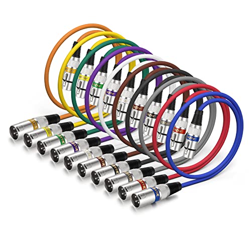 EBXYA XLR Cable 2ft 10 Pack, 3 Pin Balanced XLR Microphone Cable Male to Female, Color Coded Audio Cable for Mixer, Speaker Systems, DMX Lights, Radio Station, Live Stage - color: 10 Colors, size: 2ft