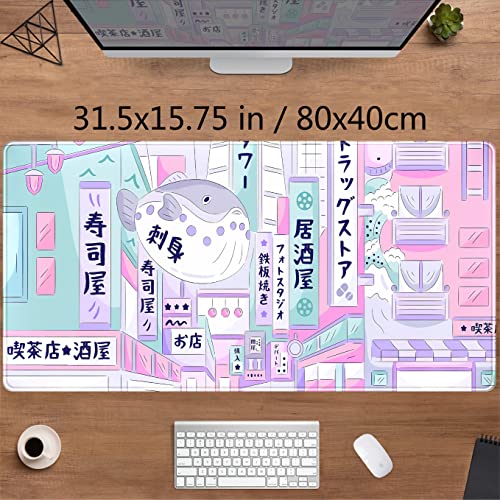 Pastel Tokyo Street Cute Desk Mat - Kawaii Anime Japanese Large Gaming Mousepad - Beige Desktop Laptop Keyboard Mouse Pad - City Aesthetics for Women Girl 31.5x15.75 in - color: Pastel Tokyo Street