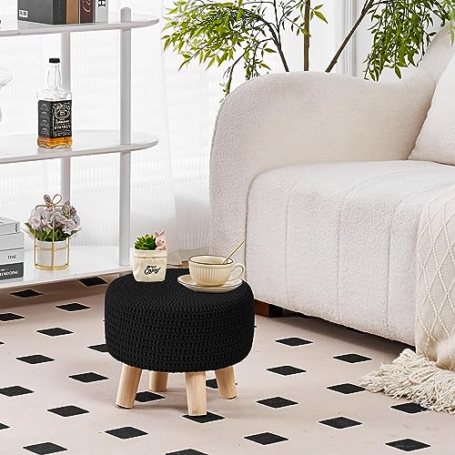 Wimarsbon Small Ottomans, 100% Hand Knitted Pouf Ottoman, Round Footrest with 4 Non-Skid Wood Legs, Boho Décor Cotton Rope Pouffe, Leisure Floor Step Chair for Living Room (Black) - color: Black