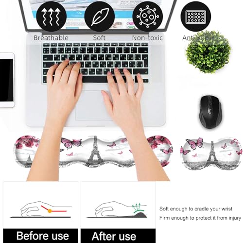 Bxgolkgd Desk Mat Set,Mouse Pad with Keyboard Wrist Rest & Mouse Wrist Rest,Wave-Shaped Design,Non-Slip Rubber Base,Ergonomic Desk Mat for Home,Office,Gaming,Butterfly Eiffel Tower - color: Butterfly Eiffel Tower