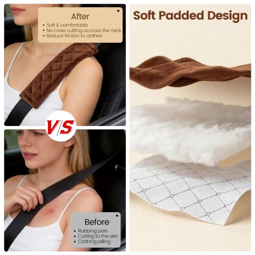Amooca Soft Auto Seat Belt Cover Seatbelt Shoulder Pad Cushions 2 PCS for a More Comfortable Driving Universal Fit for All Cars and Backpack Brown - color: Brown