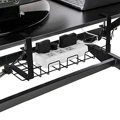 2 Pack Cable Management Under Desk Tray, 16", Black | Clamp Mounted, No Drill Holes Needed, For Computer Home Office Standing Tables, Conceals Power Strips