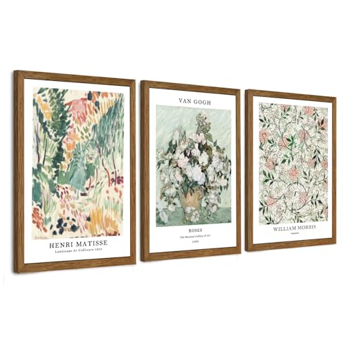 InspiredHues Matisse Van Gogh Morris Canvas Wall Art Set of 3, Sage Green Beige Neutral Flower Wall Decor, Vintage Botanical Art Prints for Living Room Bedroom Office Home Decoration 16x24 Wood Framed - color: Matisse, size: 24"L x 16"W