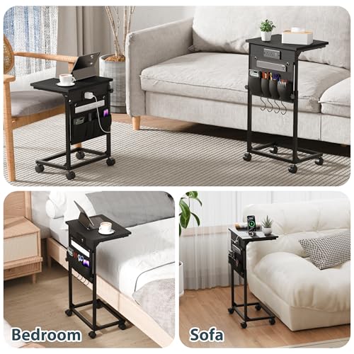 Adjustable Height Couch Table with USB-C Charging Station & Pocket Storage – Compact Couch Stand with Hooks & Wheels for Small Spaces & Living Room, Adjustable C Table (Black) - color: Black