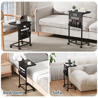 Adjustable Height Couch Table with USB-C Charging Station & Pocket Storage – Compact Couch Stand with Hooks & Wheels for Small Spaces & Living Room, Adjustable C Table (Black) - color: Black