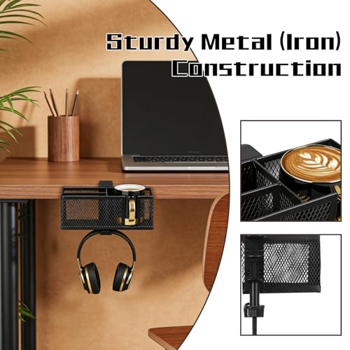 Multifunctional Clamp On Cup Holder & Desk Organizer, Space-Saving Desk Cup Holder with Headphone Hook for Office, Home - Holds Drinks, Phone, Stationery