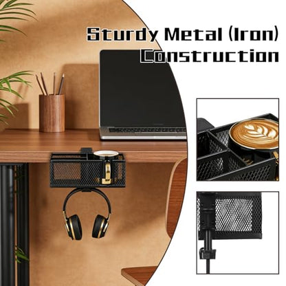 Multifunctional Clamp On Cup Holder & Desk Organizer, Space-Saving Desk Cup Holder with Headphone Hook for Office, Home - Holds Drinks, Phone, Stationery