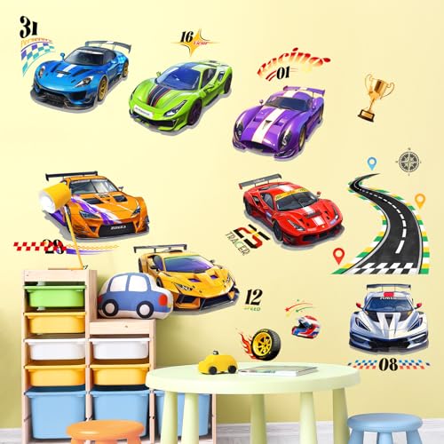 Tanlaby Racing Car Wall Decals Roads Vehicles Wall Stickers Vinyl Peel and Stick Art Decor for Boys Bedroom Kids Room Toddles Playroom