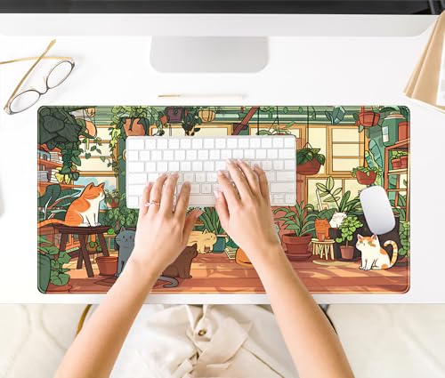 Large Desk Mouse Pad Cute Cats Desk Mat, Extended Gaming Mouse Mat, Office Home Keyboard Pad, Green Plant Computer Mats XXL, Cute Full Desktop Mat, Anime PC Accessories for Women 31.5" x 15.75" - color: Kawaii Cats