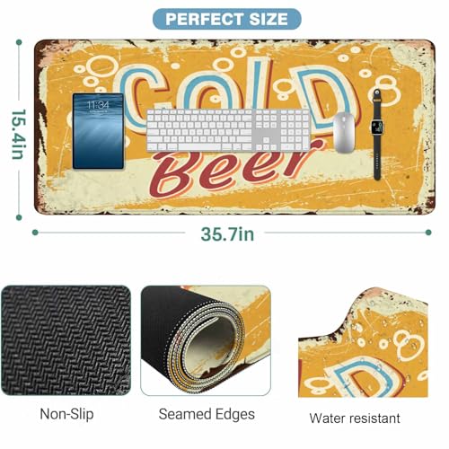 Cold Beer Gaming Mouse Pad Retro Style Vintage Design Large Full Desk Keyboard Mousepad for Computer,Home,Office 35.4"X15.7" - color: Cold beer
