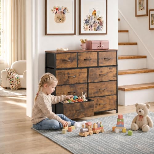 WLIVE 9-Drawer Dresser, Fabric Storage Tower for Bedroom, Hallway, Entryway, Closet, Tall Chest Organizer Unit with Fabric Bins, Steel Frame, Wood Top, Easy Pull Handle, Rustic Brown Wood Grain Print - color: Rustic Brown Wood Grain Print