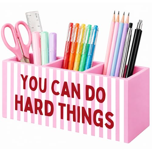 You Can Do Hard Things Pink Inspirational Pen Holder for Desk, Positive Affirmation Inspirational Pink Striped Wooden Box Sign Desk Organizer for Girls Room Dorm Home Office - color: Pink Inspirational