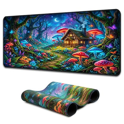 Blacklight UV Reactive Gaming Mouse Pad – Glow in the Dark Fantasy Mushroom Forest, Neon Nature Desk Mat, Non-Slip Extended Mouse Pad for PC, Laptop, Office & Gaming Setup - color: Mushroom Farmhouse