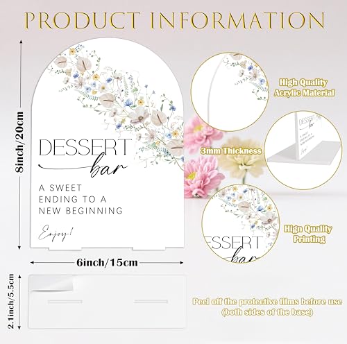 Dessert Bar Sign Arch Acrylic Wedding Sign, Dessert Table Decor, Wild Flower Bridal Shower Decorations, 6x8" Table Signs for Wedding Reception Bachelorette Engagement Party Supplies - color: Dessert Bar