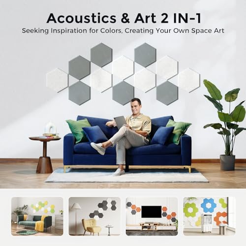 Self-Adhesive Acoustic Panels [390 lbs/yd³ Ultra-High Density], 2nd Generation Sound Absorbing Panel, Professional Level Sound Panel, Polyester Soundproof Foam [Medium Hexagon, MoonGrey & SilverGrey] - color: Moon Grey & Silver Grey, size: Medium Hexagon