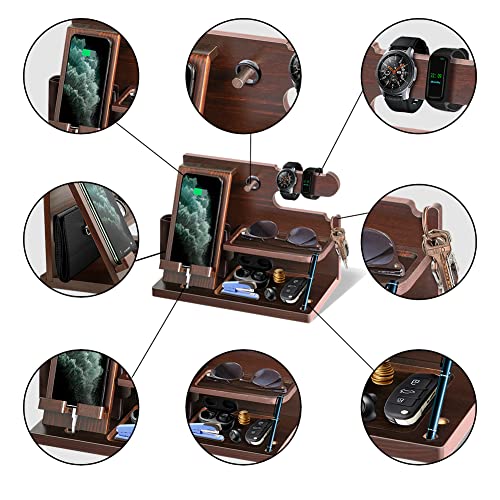 Gifts for Men Wood Phone Docking Station for Mens Gifts for Christmas Husband Anniversary Dad Birthday Gifts for Men or Dad - Nightstand Organizer Purse Father Desk Accessories & Workspace Organizer - color: Brown-5