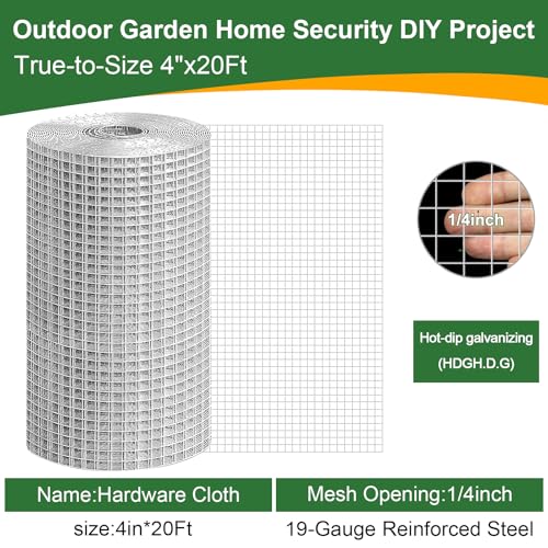 4in x 20ft Hardware Cloth Hot-Dip Galvanized Welded Wire Mesh - Heavy Duty 1/4inch 19 Gauge Chicken Wire Fencing for Garden, Chicken Coop, Rabbit Cage, Rodent & Predator Protection - size: 4in x 20ft