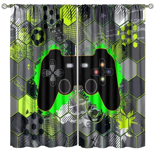 Video Games Window Curtains, Green Honeycomb Gamepad Teens Gamer Controller Window Drapes for Kids Boys Girls Room Playroom 42" W X 45" L - color: Gamepad-10, size: 21"W x 45"L (Pack of 2)