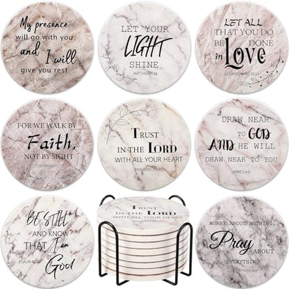 Domensi 8 Pcs Christian Coaster Set Ceramic Coaster with Bible Verse Religious Absorbent Coasters Marble Style Drink Cup Mat for Church Christian Decoration Table Protection - style: Marble
