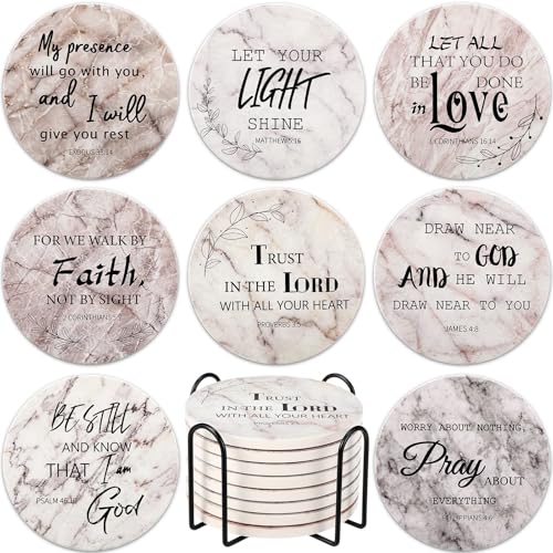 Domensi 8 Pcs Christian Coaster Set Ceramic Coaster with Bible Verse Religious Absorbent Coasters Marble Style Drink Cup Mat for Church Christian Decoration Table Protection - style: Marble