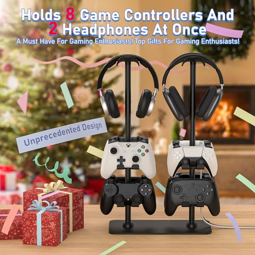 MANMUVIMO Headset Stand Controller Holder for 2 Headset and 8 Controller, Headphone Stand Gaming Controller Holder for PS5 Xbox Airpods Beats Bose, Gaming Room Accessories, Gamer Gifts for Men - size: 2 Headphone 8 Controller Holder Black