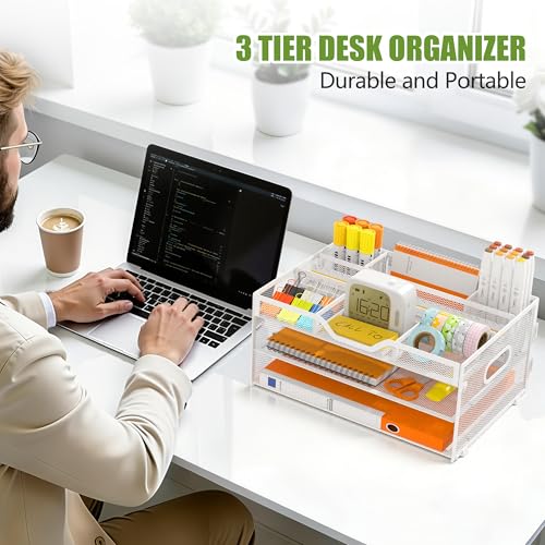 3 Tier Desk Orgnizers and Accessories, Metal Magazine File Holder with Pencil Holder and Handles, Space Saving Desk File Trays for School Office Supplies(White) - color: 3-tier-white