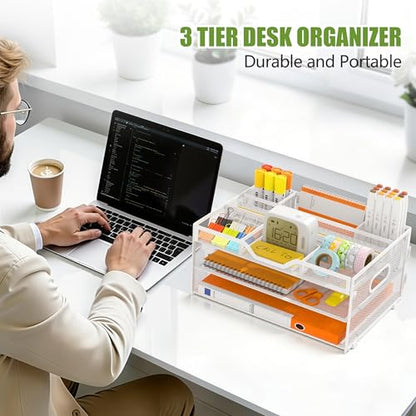 3 Tier Desk Orgnizers and Accessories, Metal Magazine File Holder with Pencil Holder and Handles, Space Saving Desk File Trays for School Office Supplies(White) - color: 3-tier-white