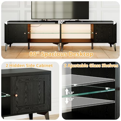 LIKIMIO 2-in-1 TV Stand for 85 Inch TV, Black TV Consoles with LED Lights | 2 Storage Cabinets & Adjustable Glass Shelves, with Charging Station, TV Table for Living Room & Bedroom