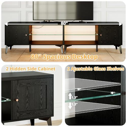 LIKIMIO 2-in-1 TV Stand for 85 Inch TV, Black TV Consoles with LED Lights | 2 Storage Cabinets & Adjustable Glass Shelves, with Charging Station, TV Table for Living Room & Bedroom